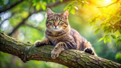 Cat on a tree branch, resting paws, outdoors, relaxation,  outdoors, relaxation, foliage,cat, forest
