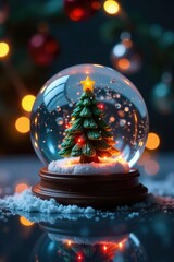 Miniature Christmas tree lights reflected in the water of a miniature snow globe, holiday decor, water, snow globe