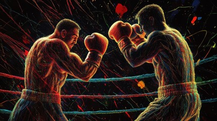 Two muscular boxers engage in a tense boxing match