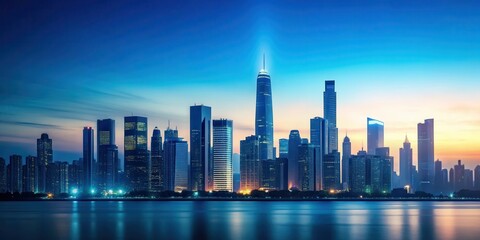 Fototapeta premium Minimalist cityscape at dusk with a blue horizon and silhouetted skyscrapers , cityscape, modernity