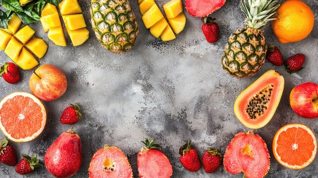 Tropical fruit border, healthy food, flatlay, gray background, recipe template