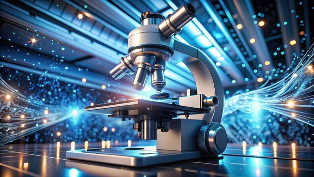 Detailed image of a scanning tunneling microscope with particles of matter and energy in the background, laboratory setting, STM