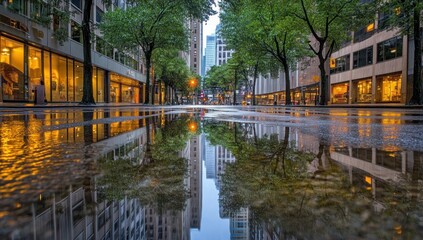 Naklejka premium Urban Reflection: A Rainy Cityscape