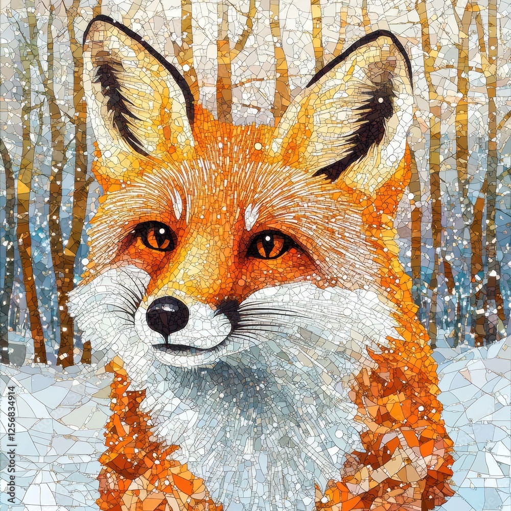 Fototapete Mosaic fox portrait featuring intricate patterns set against a snowy forest backdrop in a serene winter landscape. Generative AI
