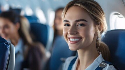 Young woman smiling during flight in airplane