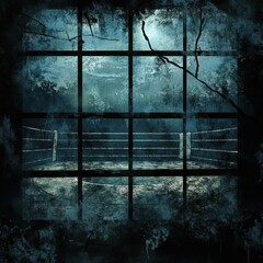 Abandoned boxing ring seen through a dark fractured window