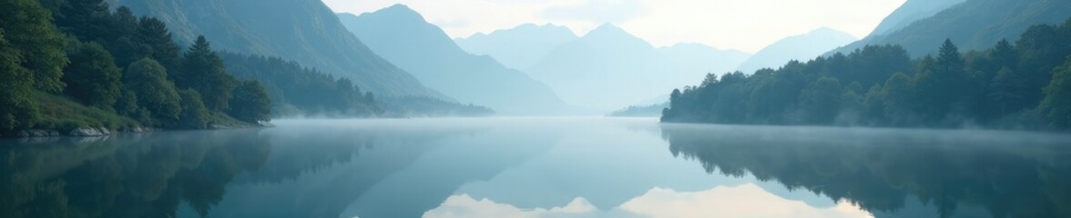 Fototapeta premium Reflections of misty mountains on the calm surface of a pond, trees, mountains, nature