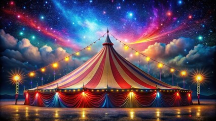 Vibrant circus tent with glowing colorful lights and illuminations at night, surrounded by a starry sky, nighttime scene, circus tent