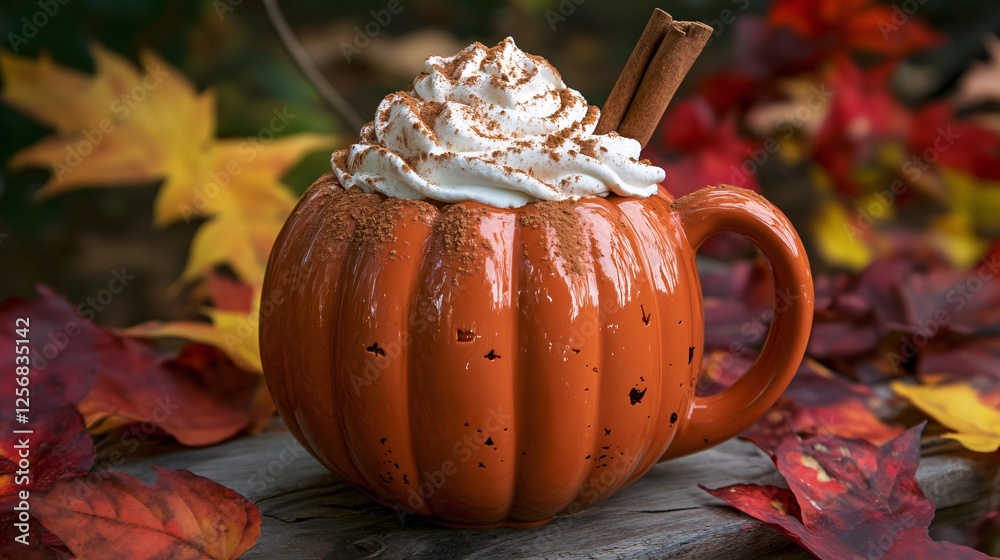 Poster pumpkin spice latte with whipped cream and cinnamon stick sitting on rustic table