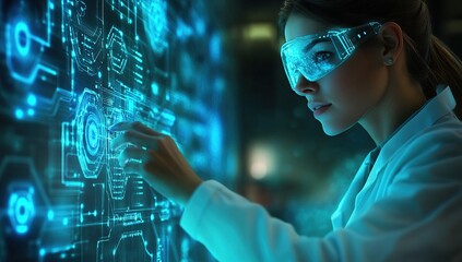 Scientist Interacts with Futuristic Holographic Interface, Exploring Digital Designs and Advanced Technology Solutions.