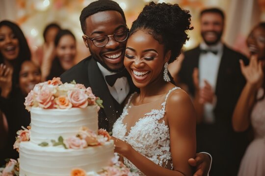 Happy couple cutting wedding cake, guests clapping - Powered by Adobe
