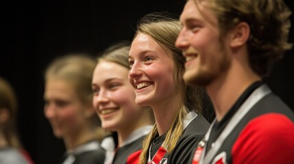 Fototapeta premium Group of smiling young athletes celebrating an achievement at an indoor event