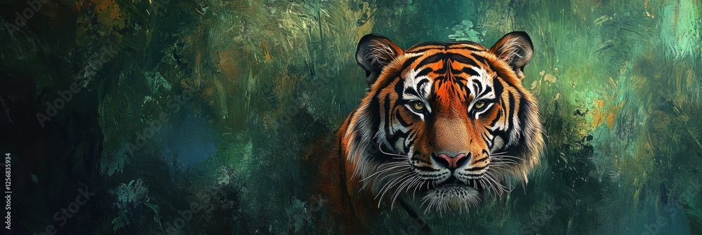 Aufkleber impressionist tiger portrait amidst a vibrant jungle setting with ample space for text insertions. g