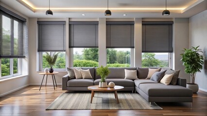 Fototapeta premium Modern living room with gray blackout roller blind covering windows and shutters on plastic window, interior design, modern living room