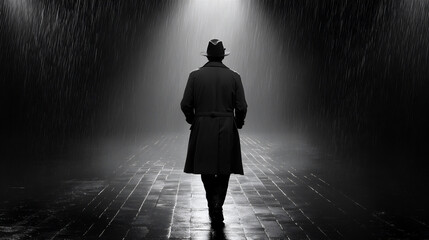  a moody film noir figure walking through the rain