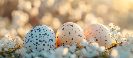 Fototapeta premium Spring eggs blossom garden sunrise card