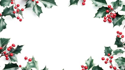 Festive holly leaves and berries framing a blank space