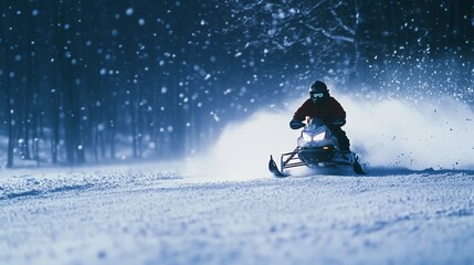 Winter Snowmobile Adventure in a Snowy Forest at Night