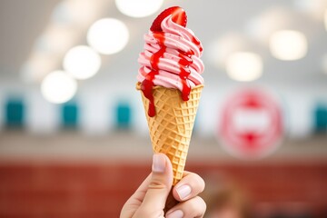 Delicious strawberry soft serve ice cream cone with fresh fruit topping