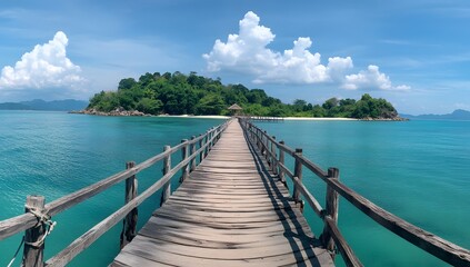 Naklejka premium Tranquil Wooden Bridge Spanning Turquoise Waters to a Lush Tropical Island Paradise
