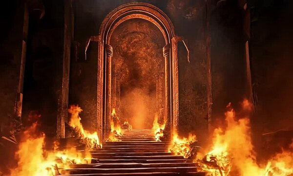 Illustration of a fiery cursed hell gate surrounded by smoke and flames, evoking a dark and ominous atmosphere. Generative AI.