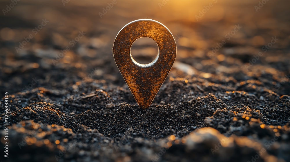 Poster rusty map pin in dark soil at sunset; location tracking concept
