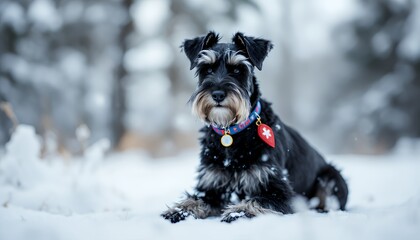 A Snowy Day Portrait of a Dog Resting in the Snow with a Black Coat and the Background