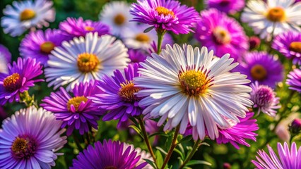 Stunning Architectural Photography of Radiant Michaelmas Daisy in Full Bloom with Vivid Green Backdrop - Nature's Beauty and Colorful Floral Display
