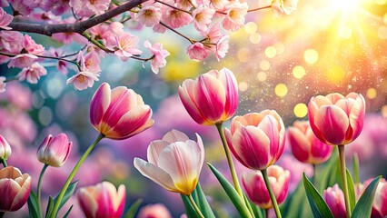 Obraz premium Stunning Bokeh Effect of Sakura and Tulips in a Vibrant Floral Arrangement, Perfect for Spring Decor, Nature Photography, and Floral Art Enthusiasts