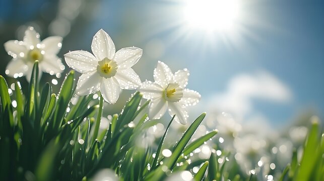 Spring flowers and grass growing from the melting sun, blue sky and sunshine in the background. Concept of spring coming and winter leaving