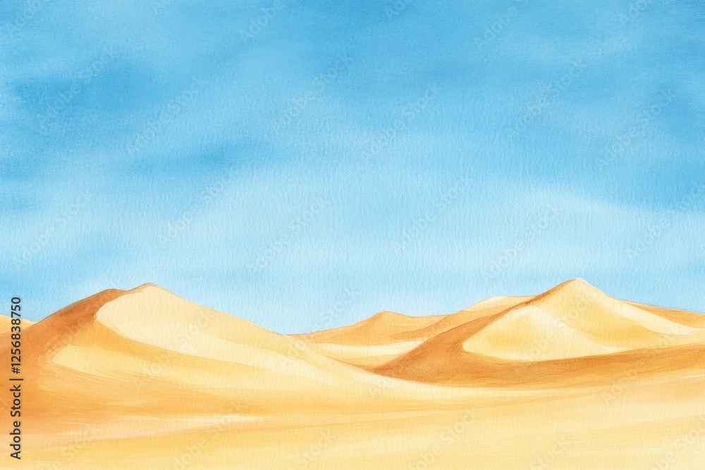 Poster golden sand dunes create a serene landscape under a clear blue sky in a tranquil desert setting. gen