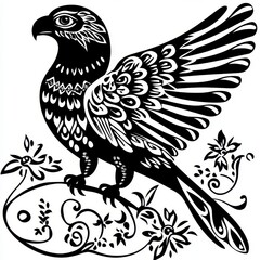 Obraz premium Artistic Black and White Illustration of a Majestic Bird with Flowers