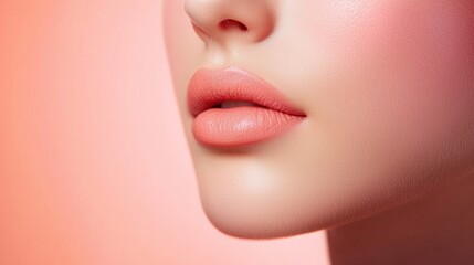 Obraz premium Close-up of a Woman's Lips with Peachy Makeup