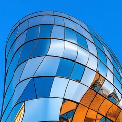 Modern Building Facade with Reflective Glass Panels and Blue Sky