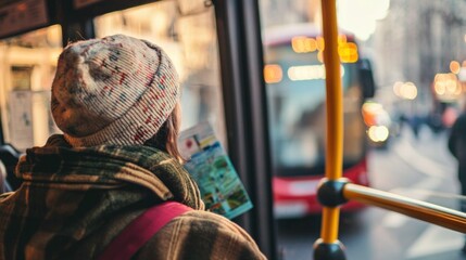 A Woman Rides the Bus on a Winter's Day in a European City