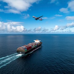 Aerial View of Cargo Ship and Airplane Over Blue Ocean Waves