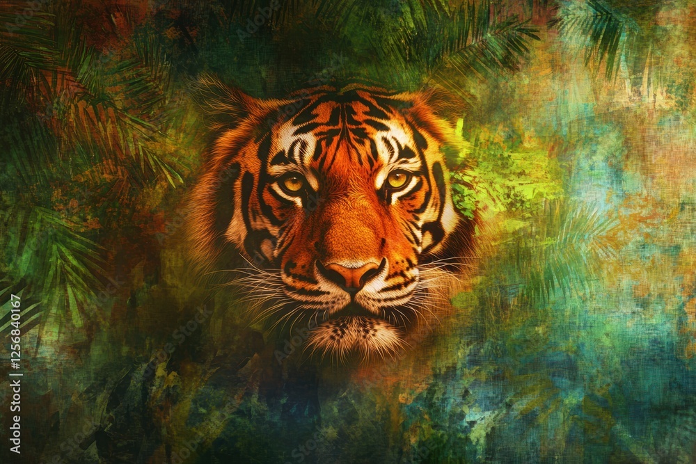 Aufkleber vibrant impressionist portrait of a tiger in a lush tropical jungle with space for text. generative 