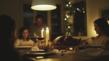 Naklejka premium Family gathering around a beautifully set dinner table with a roasted turkey, candles lit, and festive decorations
