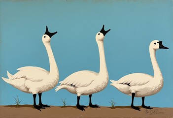 Obraz premium Minimalist Swan Line Art: Vintage Oil Painting Style, White Swans with Black Beaks Gazing Upward, Solid Light Blue Background, Abstract and Simple