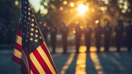 American flag waving with military soldiers standing in background at sunset
