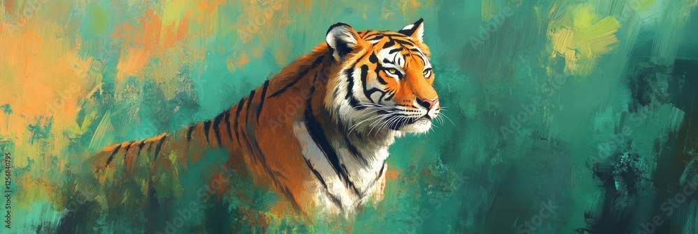 Leinwandbilder vibrant impressionist tiger portrait set in a lush jungle background with ample space for text. gene