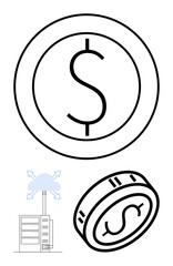 Dollar coin in three perspectives alongside cloud connecting to a server. Ideal for fintech, digital currency, cloud computing, data storage, financial tech, online transactions, and IT