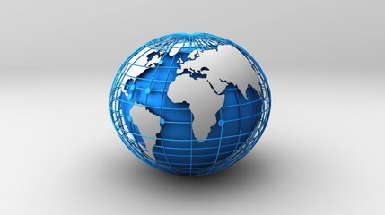 Obraz premium shiny blue globe with a silver map highlighting continents, set against a soft gray background, symbolizing global connectivity