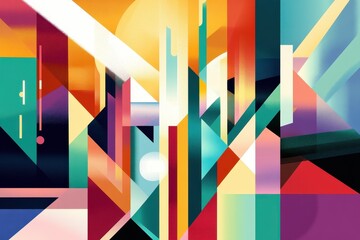 Geometric composition with vibrant colors forming an abstract urban landscape
