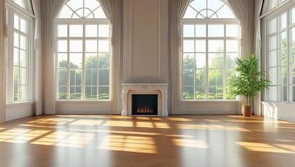 Fototapeta premium Sunlit Room with Fireplace, Large Windows, and Hardwood Floors: Elegant Interior Design