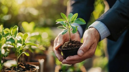 Protecting the Future: A Businessman Carefully Holds a Young Plant, Symbolizing Growth and Sustainability in a Nursery Setting.