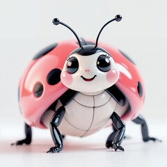 Fototapeta premium Cute Ladybug A Plastic Shiny Ladybug. Rendered illustration of a ladybug. The ladybug is a vibrant picture of a ladybug with a smiling expression, and with pastel color style. It is a beautiful