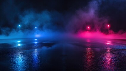 Neon Lights Reflect on Wet Asphalt at Night, Creating a Vivid, Dreamlike Scene with Mysterious Fog