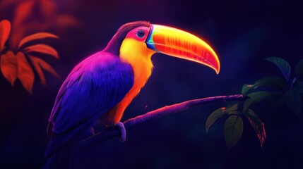 Obraz premium Vibrant toucan perched on branch, rainforest night