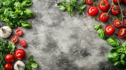 Fresh herbs, tomatoes, garlic on grey background. Food photography for recipe blogs
